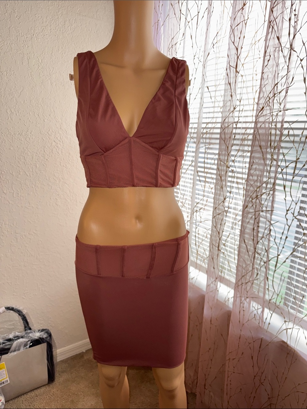 Women's Two-Piece Bodycon Skirt Set in Wine